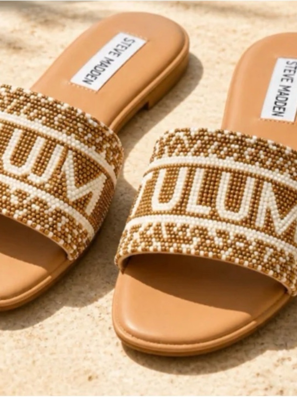 Steve Madden Tan and White Beaded Slide Sandals